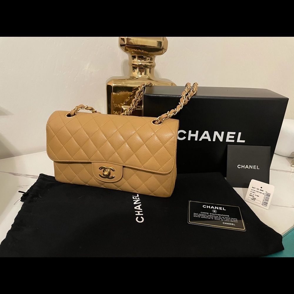 CHANEL Beige Caviar Small Classic Double Flap Bag
